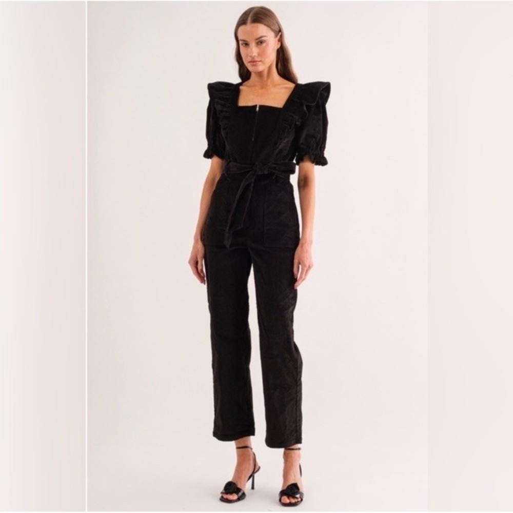 Sofie The Label Women's Large Corduroy Belted Puff Sleeve Jumpsuit Pockets Black